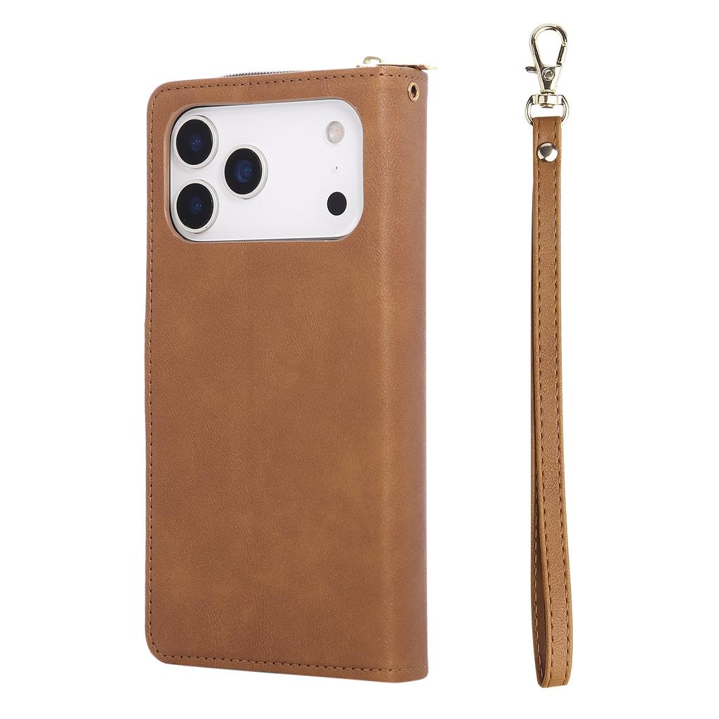 For iPhone 17 Pro Max Case Zipper Pocket 9 Card Slots PU Leather Phone Cover with Hand Strap