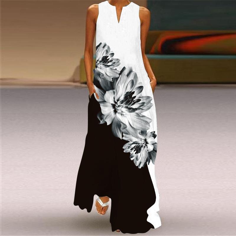 Robe longue d'été sans manches, grande taille, col en V, coupe trapèze, imprimée, décontractée, ample, élégante, mode vintage, robe de plage, 5XL, 26418