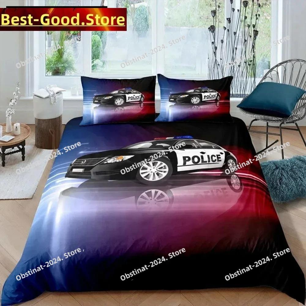 Copripiumino King Queen Auto della Polizia Set Biancheria da Letto Auto Cartone Animato Bambini Ragazzi Blu Grigio Veicoli di Emergenza Copripiumino in Poliestere