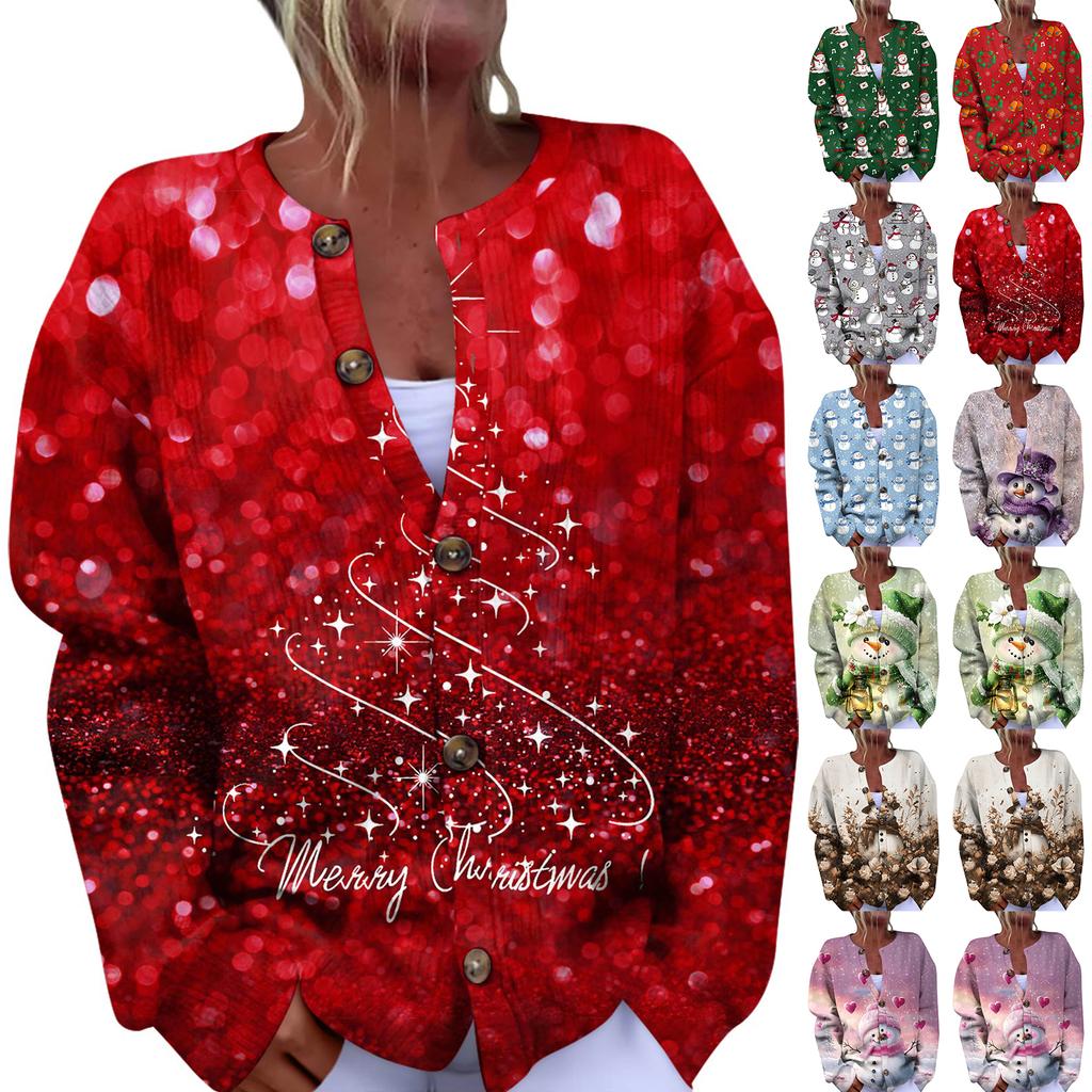 Women's Fashion Christmas Printed Long Sleeve Knitted Cardigan Button Down Jacket