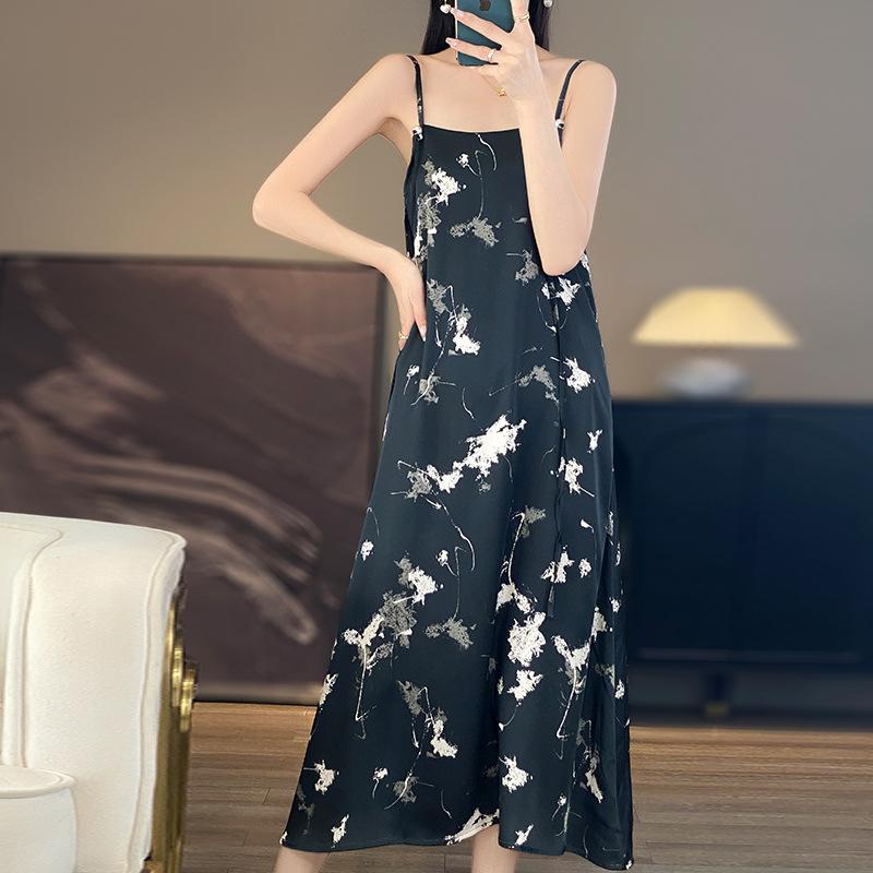 Women's Silk Satin Spring and Summer Floral Halter Dress Show Temperament Elegant Loose National Style Slimming Dress