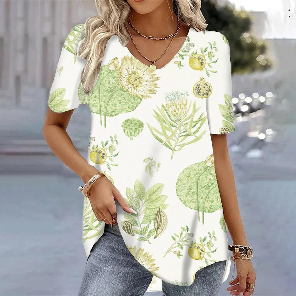 Elegant Yellow Flower Printed  V-neck Short Sleeve Tops Casual Loose Tees Streetwear Quick Drying T-shirts Female Blouse S-3XL