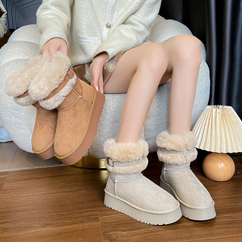 Women's fur as one thick bottom heightening hairy mouth winter lightweight one-step warm snow boots non-slip wear-resistant casual sports cotton boots