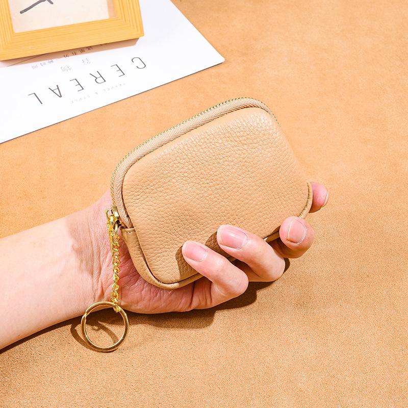 Leather hand zipper small wallet women's first layer cowhide mini bag key storage coin bag cute change bag
