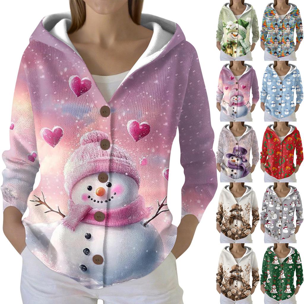 Women's Fashion Casual Sweater Button-Up Print Cardigan  Hooded Jacket
