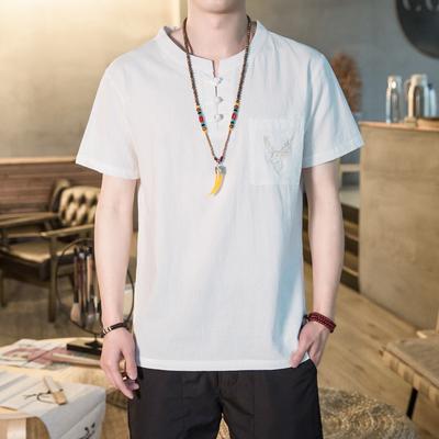 Chinese-style Cotton and Linen Short-sleeved T-shirt for Men, Casual and Trendy. Linen Embroidered Pocket Deer Head Top, Thin