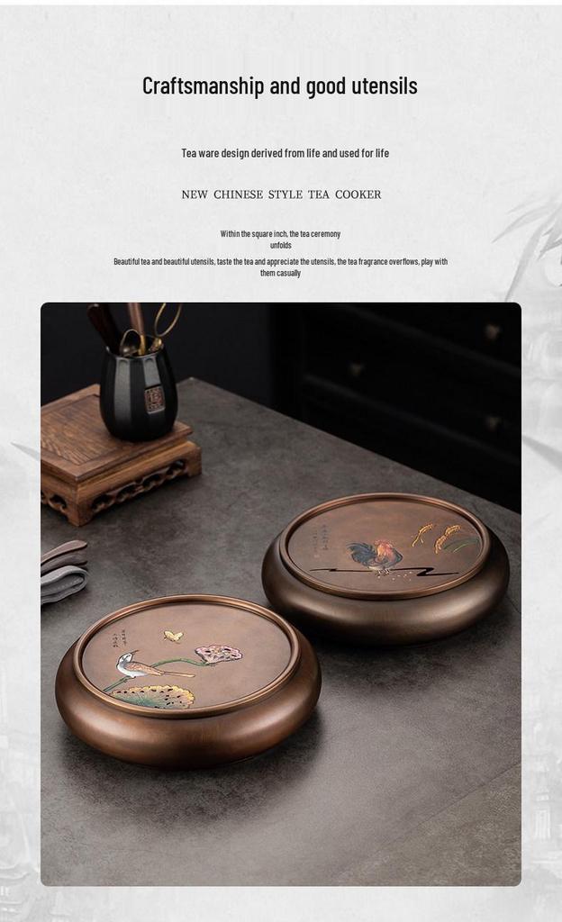Hand-Painted Retro Bronze Round Tea Tray with Rooster Design