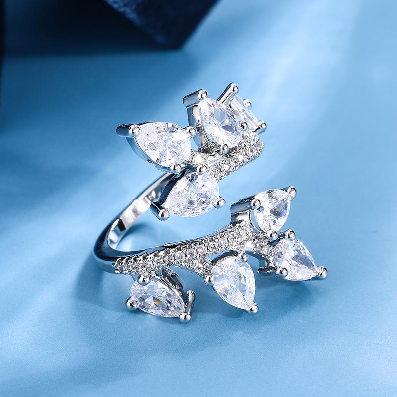Superflash Zircon Leaf Open Diamond Ring Simple Design Sense Japanese and Korean Style Senior Banquet Ring