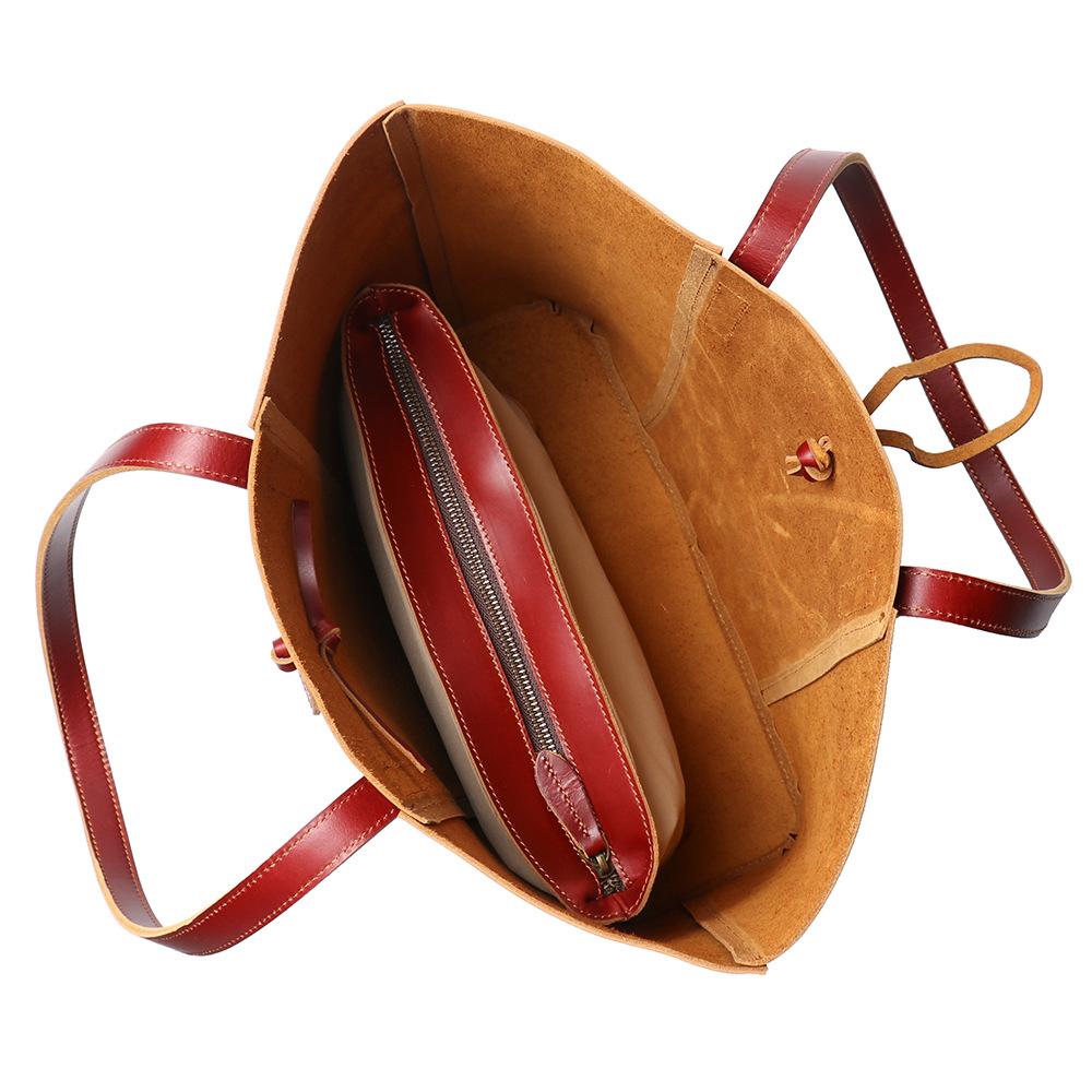 Vintage Crazy Horse Pitot Bag, Genuine Leather Women'S Portable Shopping Bag, Cowhide Commuter Large Capacity Shoulder Bag, Mother And Child Bag