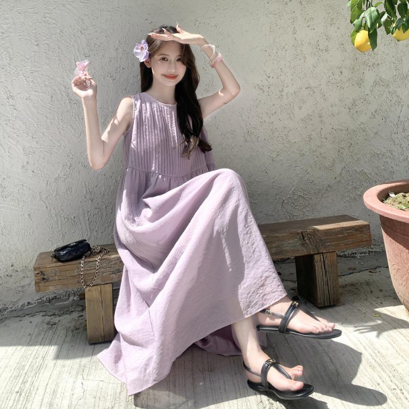 

Фиолетовое платье-жилет без рукавов с открытыми плечами, длинное, из тонкой ткани, на лето, новое, женское, повседневное, с милым темпераментом XL