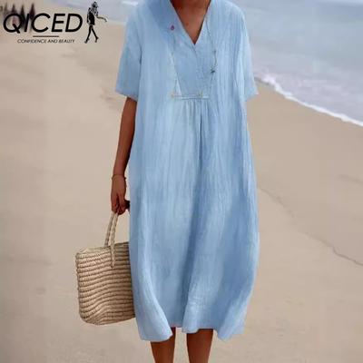 Women's Fashion Summer Spring Solid Color Print Short Sleeve V-Neck High Waist Casual Dresses