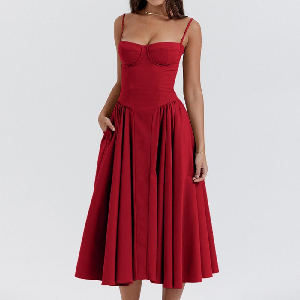 Women's Spaghetti Strap Midi Dress Solid Bustier High Waist Flared Swing Mid-Calf Sundress