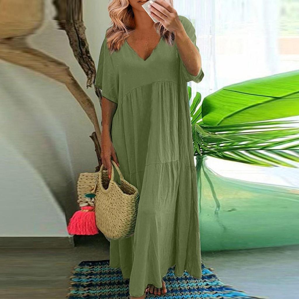 Women's Summer Fashion V-neck Solid Color Large Size Loose Long Large Swing Short-sleeved Dress