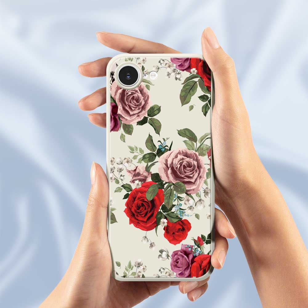 For iPhone 16e Case Red and Pink Flowers Pattern Printing Straight Edge TPU Phone Back Cover