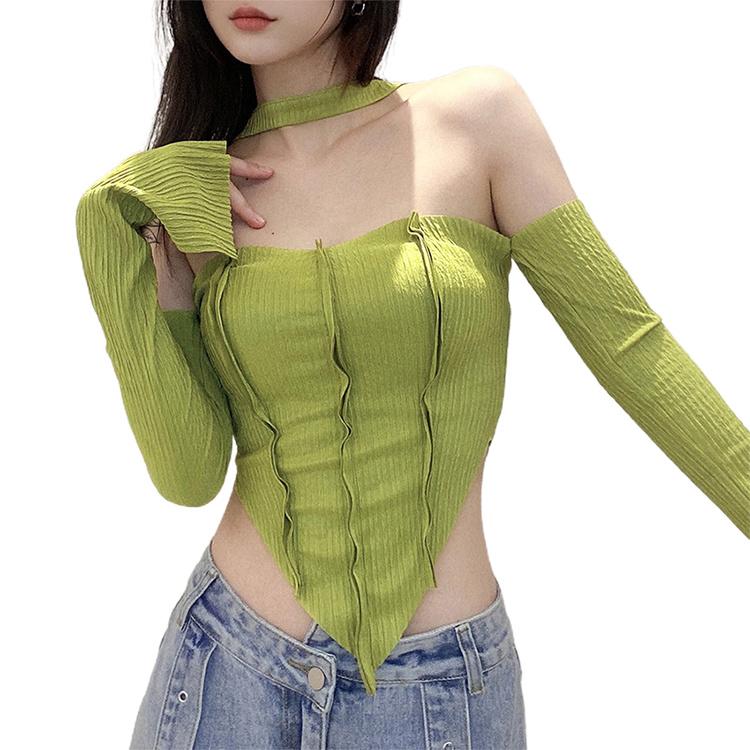 Sexy Wrapped Chest Strap Long Sleeve Blouse Slim Fit Cropped Top Ladies Halter Camisole Fashion