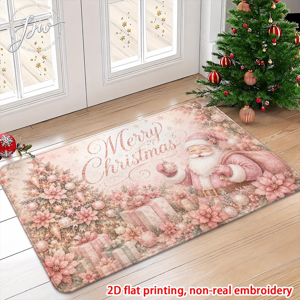 1pcs Christmas Pink Vintage Welcome Doormat, 2D Flat Printed Non Slip Floor Mat for Holiday Home Entrance Decor