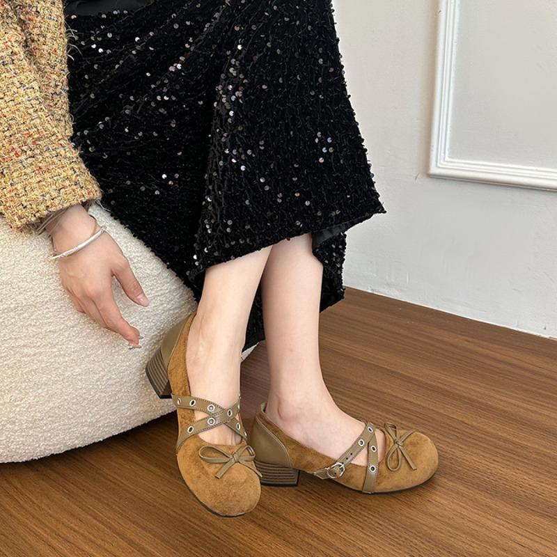 Bow Block Heel Single Shoes Fashion Round Toe Studded Slip Strap Low Top Shoes