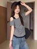 Korean Color Block Off-Shoulder Slimming Patchwork T-Shirt for Women