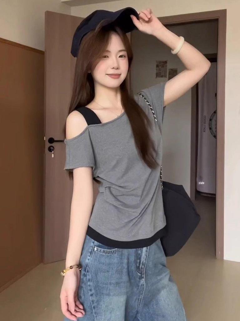 Korean Color Block Off-Shoulder Slimming Patchwork T-Shirt for Women
