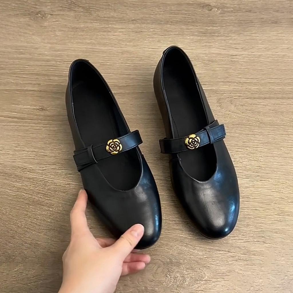 Sheepskin version~ Retro one-word small single shoes with round head women's British style camellia one-pedal flat Mary Jane shoes