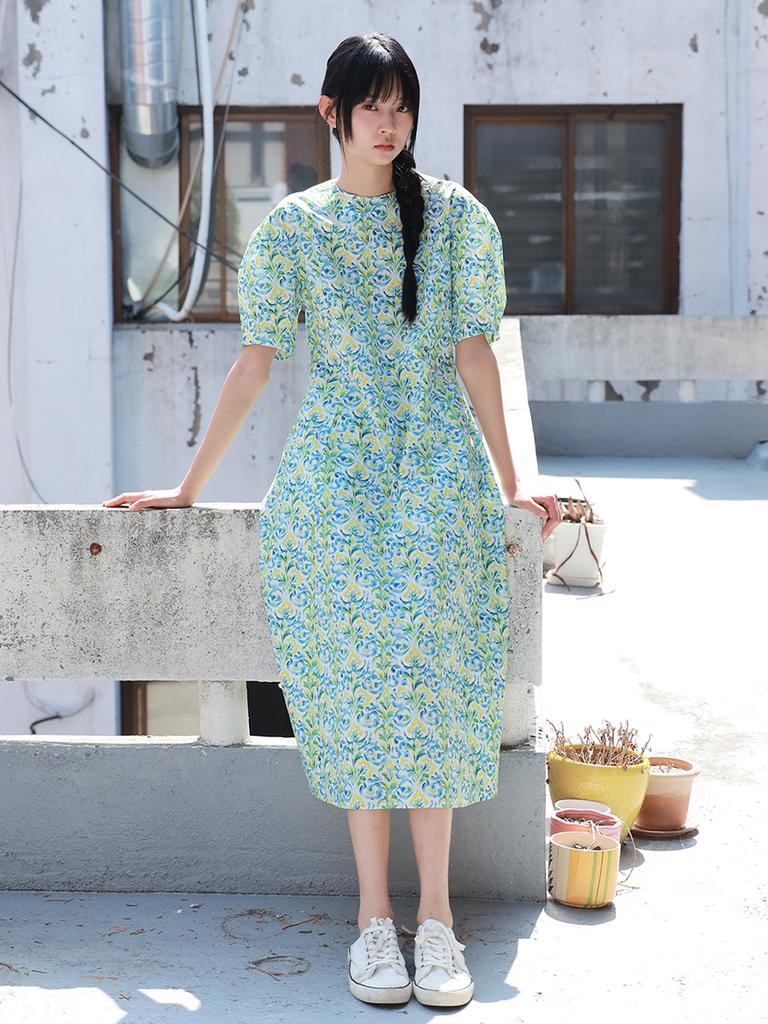 Vincent Navy Floral Short Sleeve Dress_White