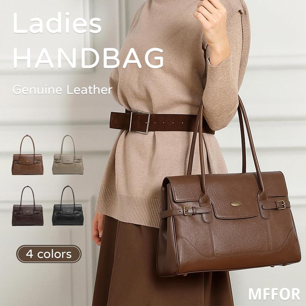 [MFFOR] Echte Lederhandtasche, Damen, 2-Wege-Businesstasche mit Nieten, Großes Fassungsvermögen, Stilvoll, Schlicht, Lässig, Beliebt für den Weg zur Arbeit (Schokolade)