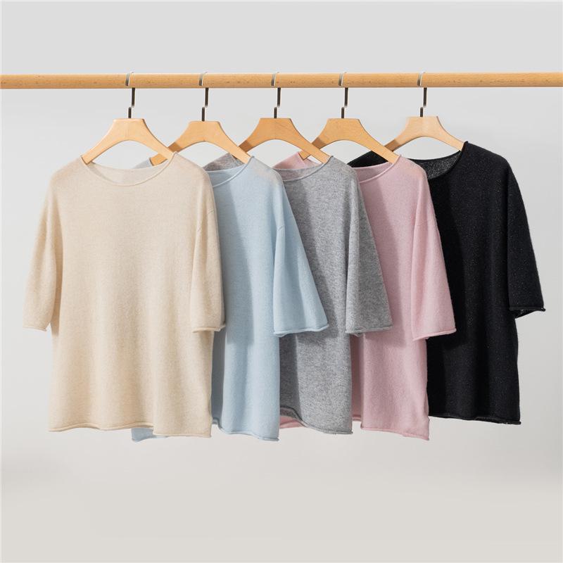 Damen Pullover aus 100% reinem Kaschmir - Vielseitiger lockerer Schnitt, Rundhalsausschnitt, Kurzarm Strickware für Herbst/Winter