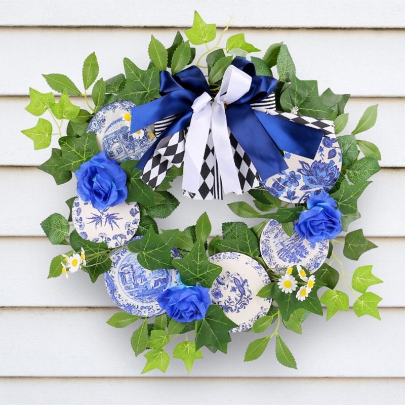 Wooden Plaques Blue and White Porcelain Pattern Wreath Outdoor Courtyard Party Decorations Garlands for Wall Door Window
