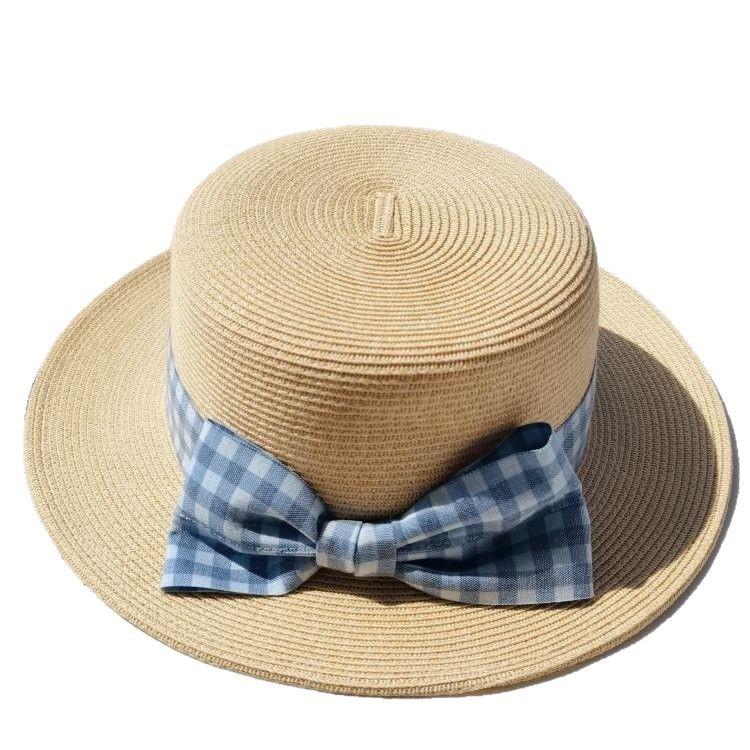 Fine-woven blue plaid bow straw hat women's new summer French seaside sunshade, sun-proof and breathable hat