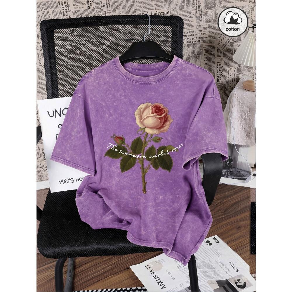 The Timeworn Scarlet Roses Print Women Washed T-Shirt Casual Comfortable T Shirts Cotton Summer Clothes Loose Short Sleeve