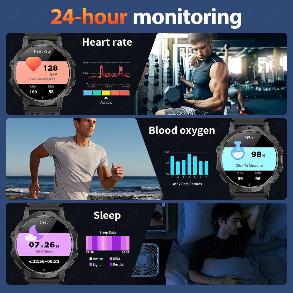 1000mAh Large Capacity Battery Smartwatch Men Outdoor Flashlight Bluetooth Call 3ATM Waterproof Sport Fitness Watches New