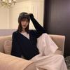 Song Zhengen navy blue fake two-piece knitted sweater women's autumn new loose high-end lazy sweater long-sleeved top