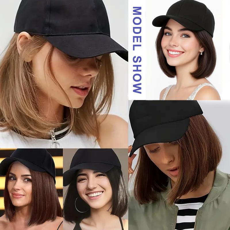 Hut Perücken Kurze Gerade Bob Frisur Perücke mit Basecap für Damen Synthetische Hitzebeständige Haar Perücken mit Verstellbarem Hut
