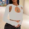 Spring/Summer Streetwear Solid Color Round Neck Long Sleeve Hollow Out Cropped T-shirt