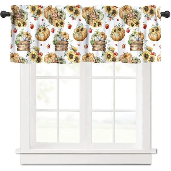 Farm Fall Window Valance, Thanksgiving Pumpkins Autumn Leaves Vine Windows Curtain Valance for Kitchen Dining Room Canteens Home Decor, One Panel