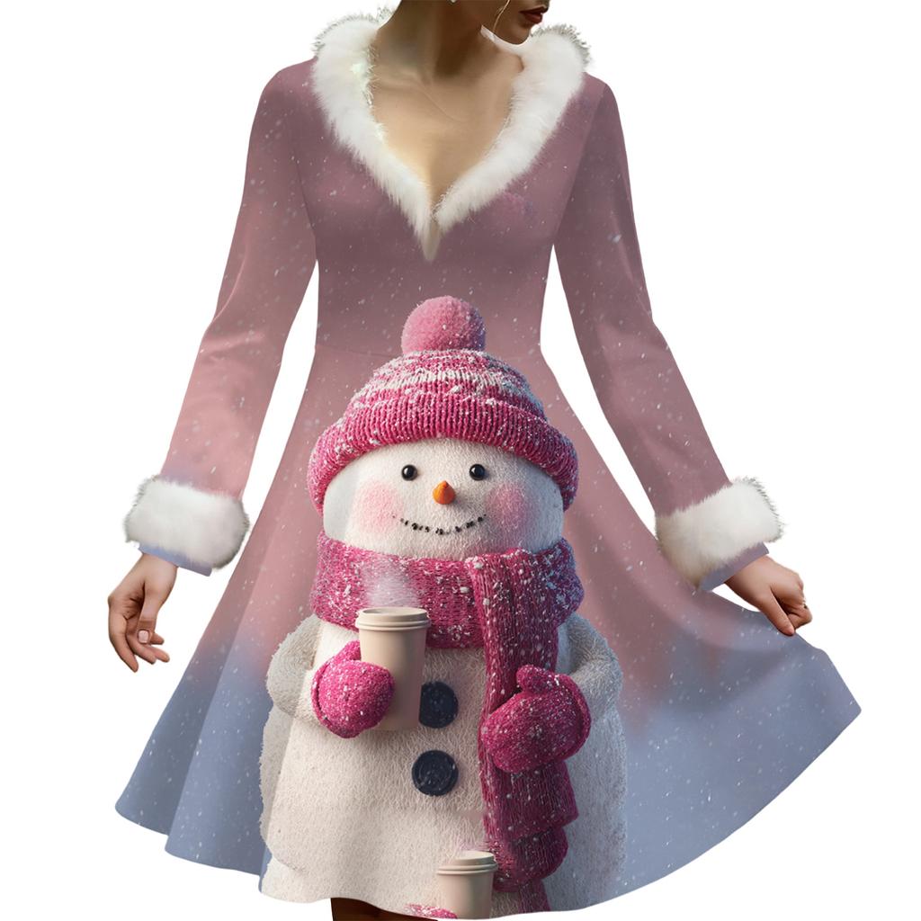 Women's Casual V-neck Christmas Print Plush Long-Sleeve Casual Dress