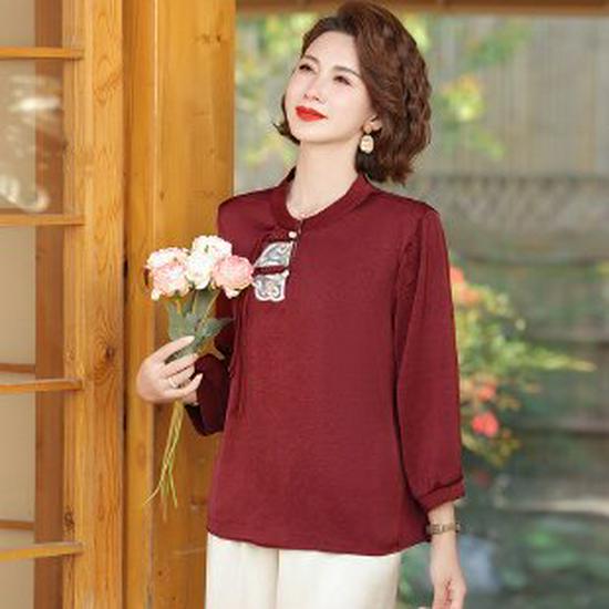 

2026 Spring Long-Sleeve Thin Base Layer T-shirt for Middle-Aged Moms XL вина червоного кольору