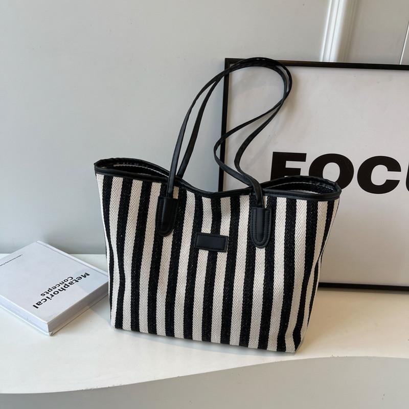 Chic Fashionable Striped Canvas Tote Bag 2024 New Large Capacity Handbag For Women