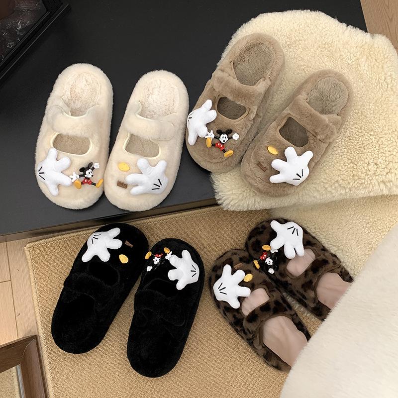 High-value Cartoon Mickey Thick-bottomed Cotton Slippers 2025 New Sweet and Cute Foreign-style Fluffy Slippers