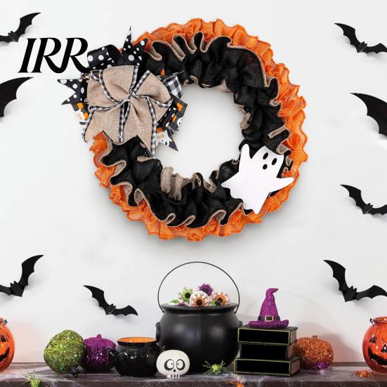 Halloween Wreath 15 Inch for Front Door, Rustic Ruffle with Linen Bow Ghost And Burlap Fireplace Walls Windows Gothic Party Decor Shop Window