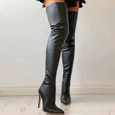 Men Women Winter Spring Autumn Boots Plus Size Sexy Thigh High Stretch Leather Over Knee Heeled Black Red Shoes