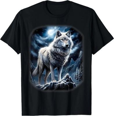Wolf auf Hügel bei Mond und Universum Fantasy Kunst Wildtier T-Shirt