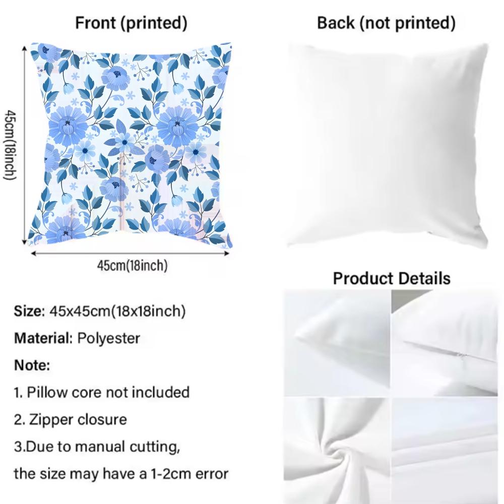 Elegant Blue Floral Cushion Cover Pattern Printed Pillowcase for Living Room Sofa Cushion Cover & Bedroom Decor