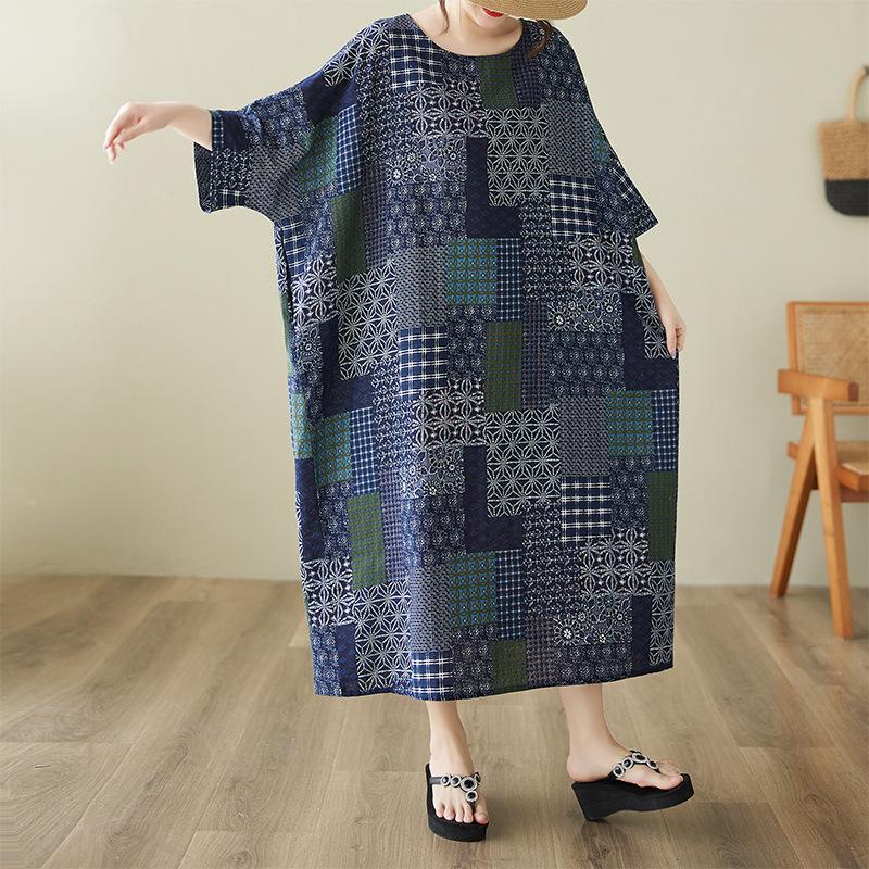 

Летнее новое хлопково-льняное платье большого размера в литературном и свободном стиле, для отдыха, в этническом стиле, с круглым вырезом и короткими рукавами, женская одежда Large size average size тёмно-синий