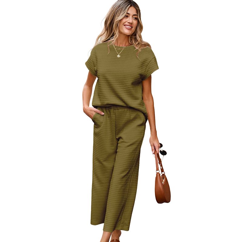 

American Shiying Pure Color Texture Easiest for Match Fashion Suit Women 2025 Casual Short Sleeve T-shirt Pants Two-piece Set Brown Size M fit (55.00 kg-62.50 kg