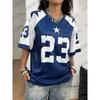 Summer Blue New York 23 Print Women T-Shirt V-Neck Patchwork Short Sleeve Sports Football Jersey Y2K Loose Oversized Tops