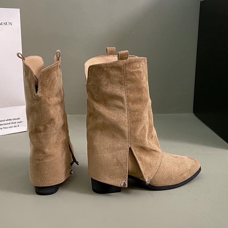 Thick heel pointed trousers boots fried street one pedal small short boots women's 2025 autumn and winter new brown western cowboy boots