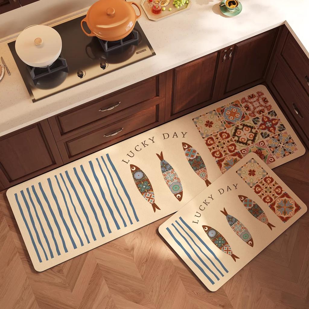 Carpet for Kitchen Long Pvc Waterproof Leather Carpet Non-slip Oil-proof Rug Modern Fish Pattern Floor Mat Home Decoration Rugs
