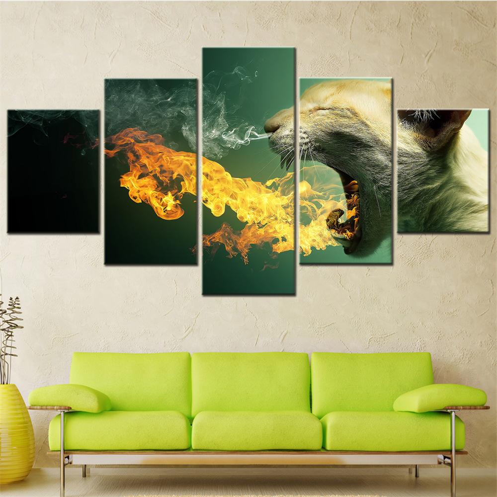 

5 Panel Home Decor Wall Art Canvas Set Animal Painting Cat Fire Breath Picture Modern Bedroom Decoration Poster and Print 20X35 20X45 20X55cm