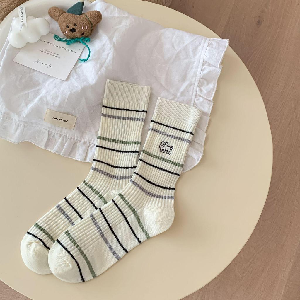 Zhuji Women's Autumn/Winter Mid-Calf Cartoon Puppy Embroidered Striped Socks